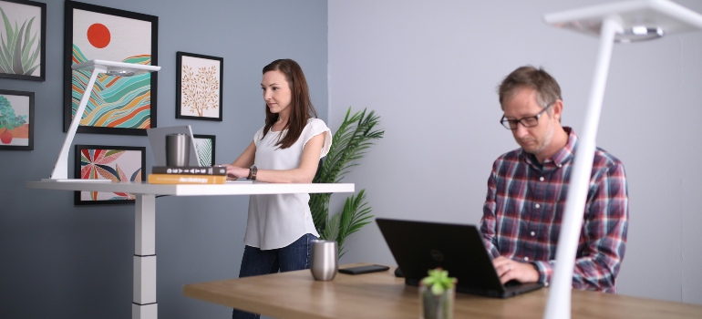 Two people working on laptops, one on a standing desk and the other on a sitting desk