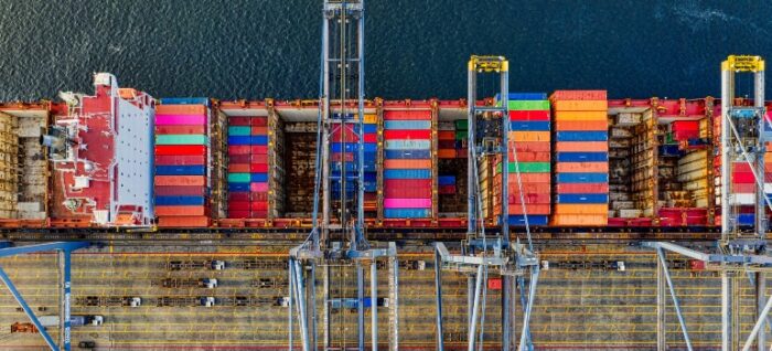 Top-view of Cargo Ship with Intermodal Containers