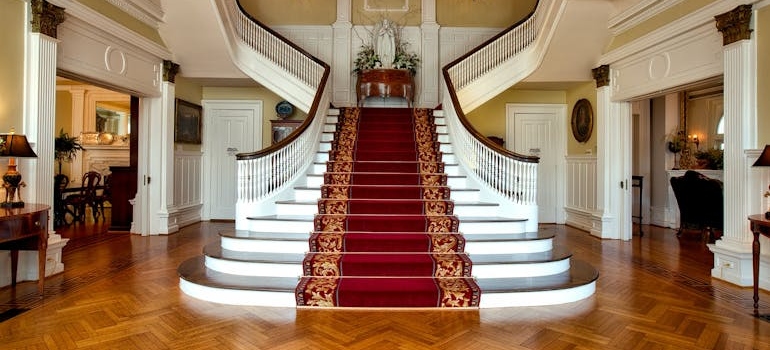 a staircase in a hotel 